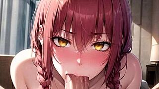 Makima gives a blowjob while Chainsaw Man jerks off in a hentai video