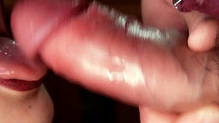 Slow motion close up fetish red lipstick in cum
