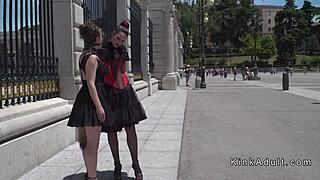 spanish slave endures public humiliation with strict european mistress in bondage