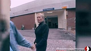 Big-boobed German milf gets a facial in a stairwell