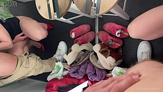 Public fitting room action with a horny mall rat