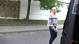 Alluring blonde picked up and drilled rough in backseat van ride