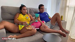 during brazil's game, she turned into a naughty slut flashing her big tits. her brunette hair swayed as she teased everyone watching