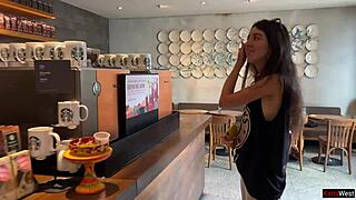 Crazy cumwalk in Starbucks with public toilet blowjob.