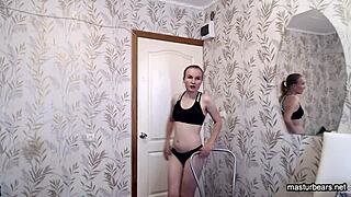 Blonde gymnast fingers herself hard in lingerie after intense workout