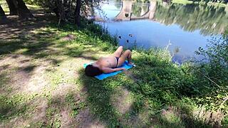 stranger shocked, massaging milf's hairy pussy on public beach