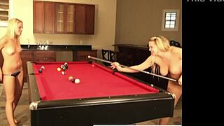 cute baby lesbian flaunts natural tits while playing billiard with dildo