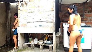 I couldn't resist my horny neighbor in my bathroom - she squirts everywhere