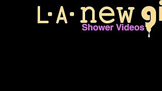 pretty blonde model took a steamy shower after photoshoot. her petite frame glistened under water.