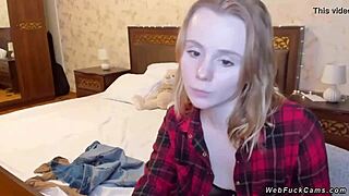 Amateur Teen Camgirl Strips in Cute Bra and Shirt for Webcam Show
