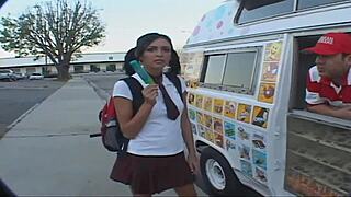 while giving the ice cream man an upskirt of her panties, wanna see more in the back?