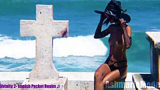 Topless slow motion in public cemetery