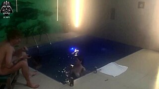 Threesome with friends heats up in the motel pool for part 1