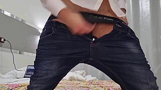 italian hot guy shows off huge dick in jeans close-up