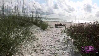 Two hot wild party girls hang out on Florida beach, flashing shaved pussies and natural tits