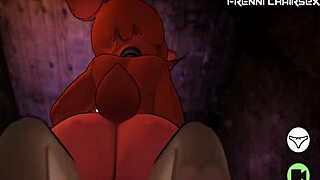 Femdom medvedja maska dominira s seksom na stolu v Fap Nights at Frennis Night Club hentai igri.