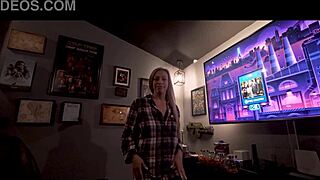 Friends hot mom Lory Lace strips teasingly nearly caught riding young cock in bedroom