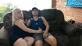 married neighbor in miniskirt drops to knees for sneaky blowjob