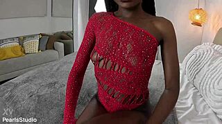 Marcela the ebony model in red dress gets huge cumshot covering her small tits