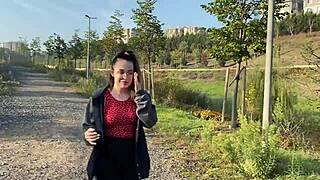 pretty redhead girlfriend's risky outdoor quickie in public park