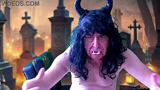 Agarabas' shaved pussy rides Olpr's monster cock Halloween outdoor, ball licking JOI preview.