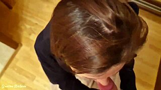 Hot tanned neighbor girl in thong and hood sneaks over for pov monster cock blowjob cum in mouth swallow