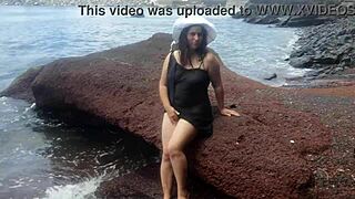 curvy brunette flashes big tits pussy on beach before sexy photoshoot