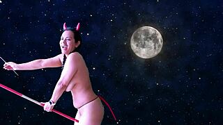 Agarabas' shaved pussy rides Olpr's monster cock Halloween outdoor, ball licking JOI preview.