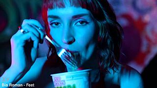 Sexy Redhead Barefoot Feet Crushing and Licking Cup Noodles in Femdom Fetish