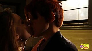 Beautiful brunette fingers wet pussy dreaming of redhead friend's hungry tongue