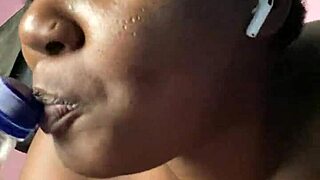 Drunk ebony bitch fingers hairy wet pussy fucks ass with bottle creamy cum