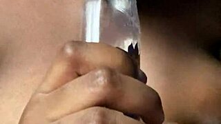 Drunk ebony bitch fingers hairy wet pussy fucks ass with bottle creamy cum