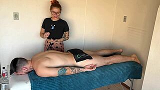 curvy redhead gags on cock during sloppy massage blowjob