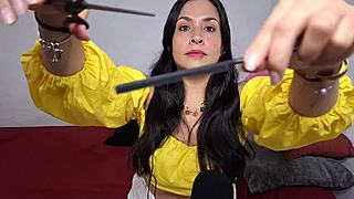 brunette milf enjoys sexy asmr barber roleplay with big ass and tits exposed on webcam