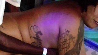 Brunette prostitute swallows giant cock licking balls swing party