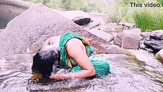 Outdoor aunty waterfall bathing dirty talks