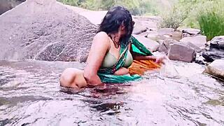 Outdoor aunty waterfall bathing dirty talks