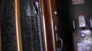 Busty lesbians dildo fuck in bathroom