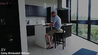 girl begs for cock while he thinks about work at his desk.