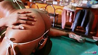 Two blond and black ebony bitches with big natural tits give one boy a double blowjob at ffm 3some at public place