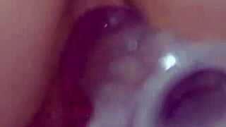 Natural busty redhead closeup masturbation with clear dildo