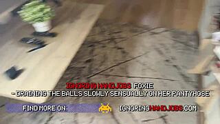amazingly hot sexy milf in red shiny see through pantyhose gives a handjob to big dick neighbor