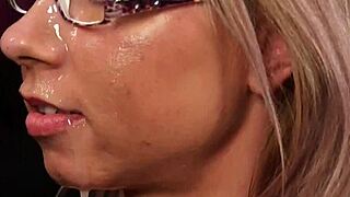 Slutty centerfold gets jizz load on her face swallowing all the load