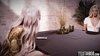 Desperate blonde fucks big tits lesbian interviewer to land a job