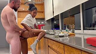 My nympho roommate gives handjob while cleaning then i push her