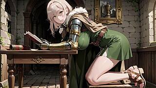 ai generated blonde knight in green uniform at stone ruins