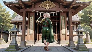 ai generated blonde knight in green uniform at stone ruins
