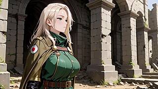 ai generated blonde knight in green uniform at stone ruins
