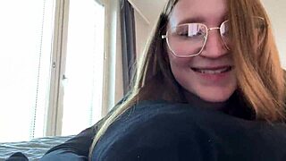 innocent college girl in glasses moans from first blowjob while i finish on her face