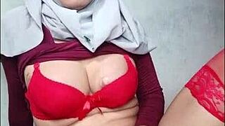 hijab shemale rides a dildo until she cums hard